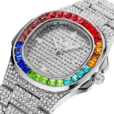 

Цветные бриллиантовые квадратные бриллиантовые часы с ремешком на половину Стразы календарь часы модные часы для мужчин и женщин