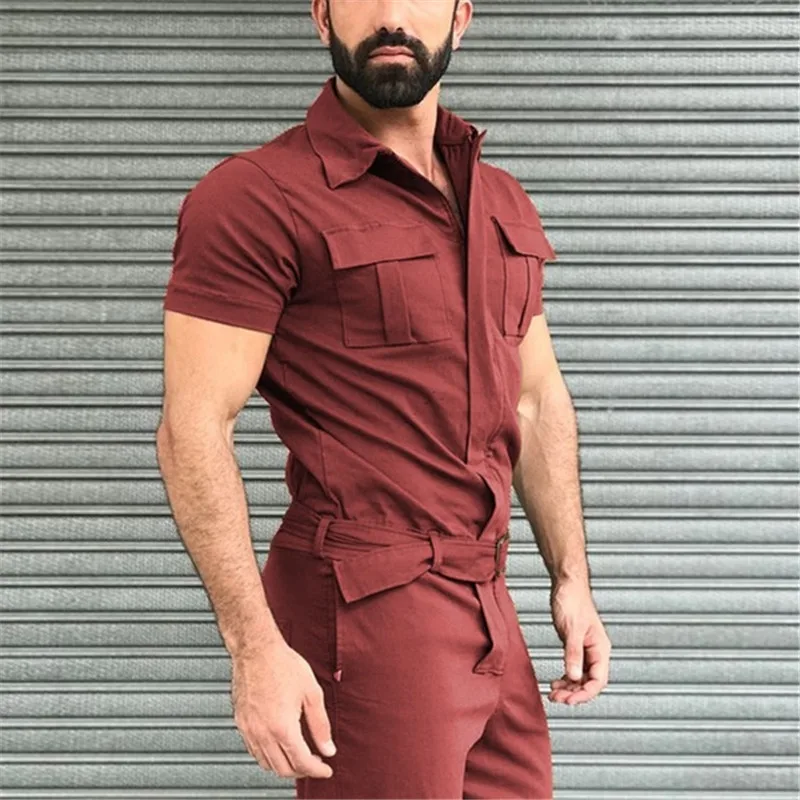 2021 Fall Men Short Sleeve Basic Work Coverall Male Pure Color Cargo Overalls Casual Street Wear Jumpsuit Men's Fashion Overalls