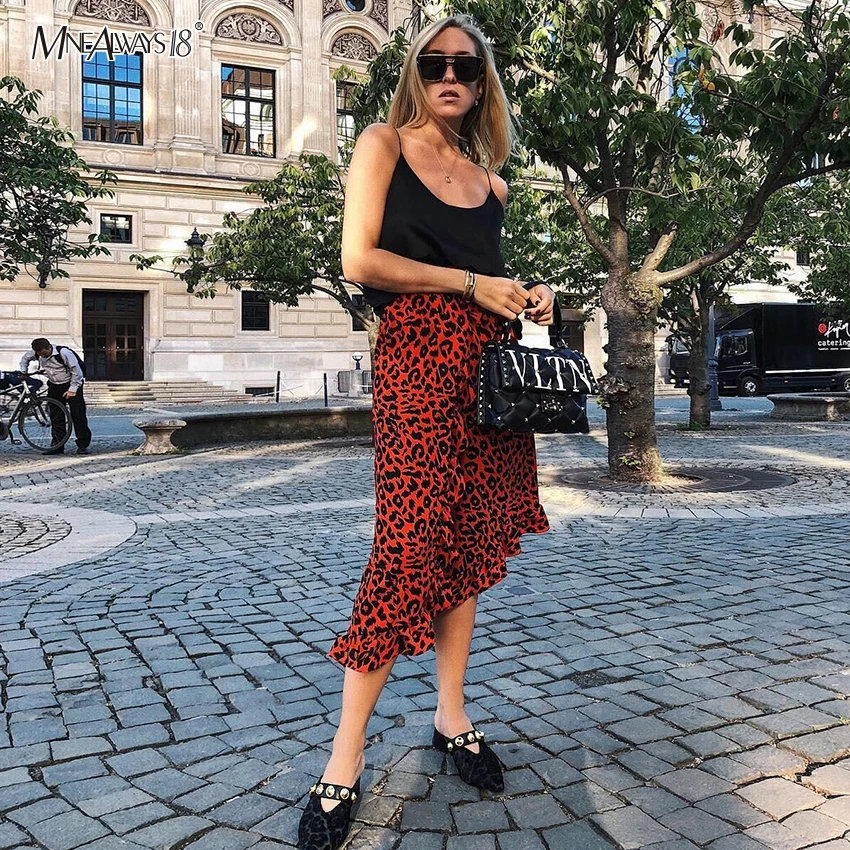 Mnealways18 Женская юбка с леопардовым принтом красная летняя миди высокой талией