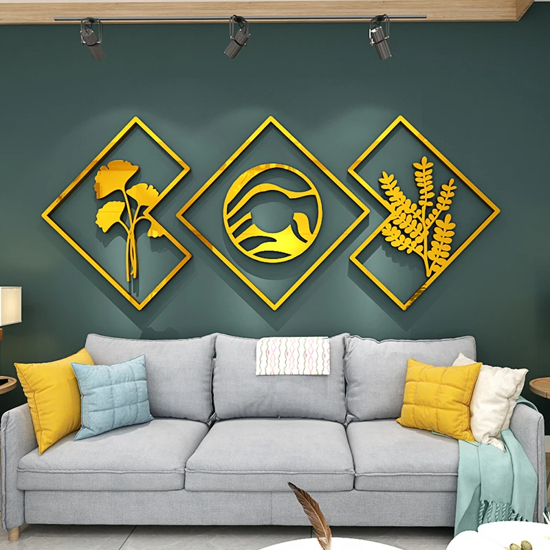 Leaves Mirror Triptych Acrylic Wall sticker of Living room Modern Simplicity Home decor Sofa backdrop Fish Art Decoration