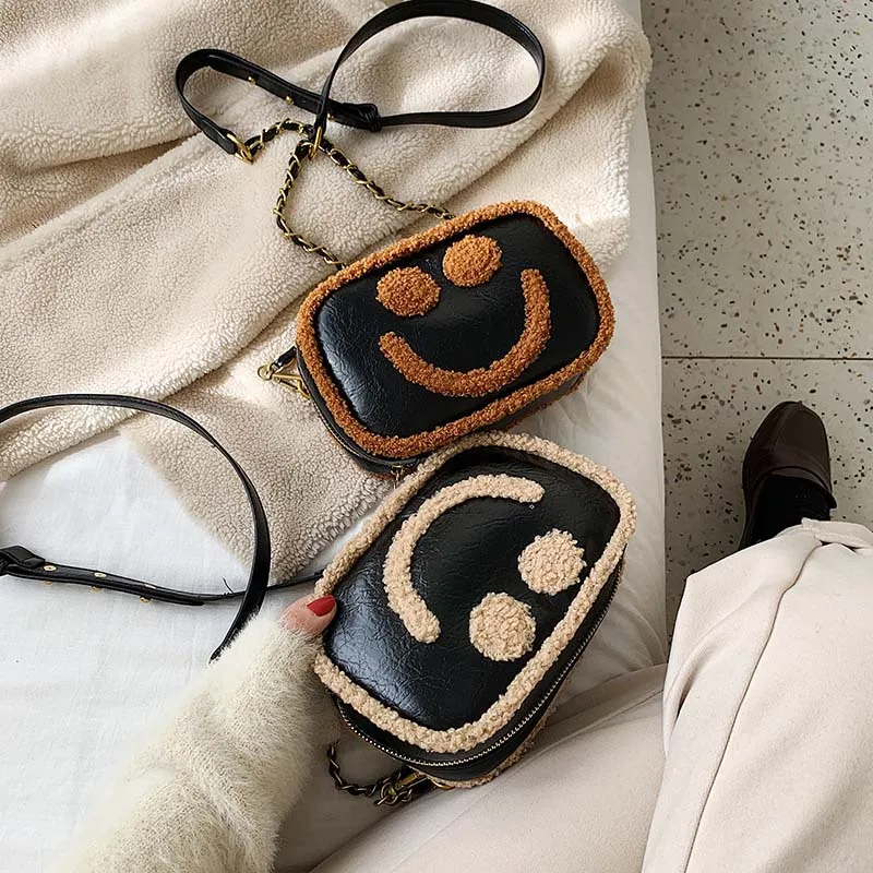 

Women Handbag 2019 New Famous Vintage Luxury Designer Small Square Bag Casual Smiley fur smile Cute Shoulder Messenger Bag