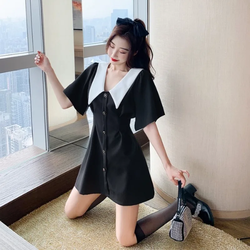 

Summer dress slim waist buttons up bodycon dress big turn down collar hit color patchwork Dresses for women white dress