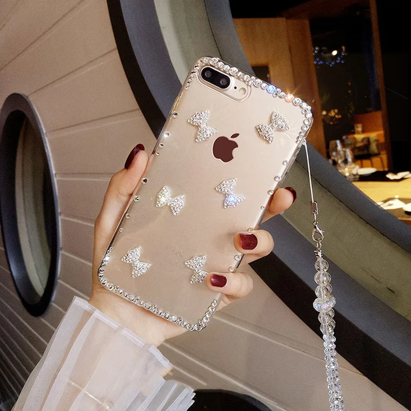 Роскошный женский чехол с бантом бабочкой блестящий ручной работы со стразами