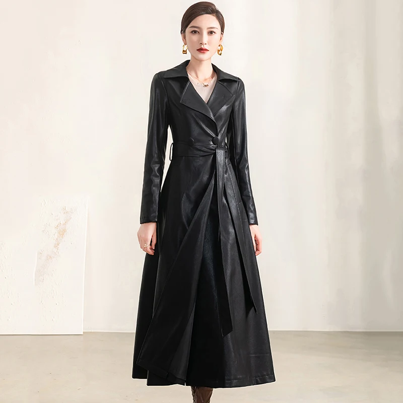 New Women Black Leather Overcoat Spring 2022 Elegant Fashion Classic Simple Suit Collar Slim All-match Long Leather Coat