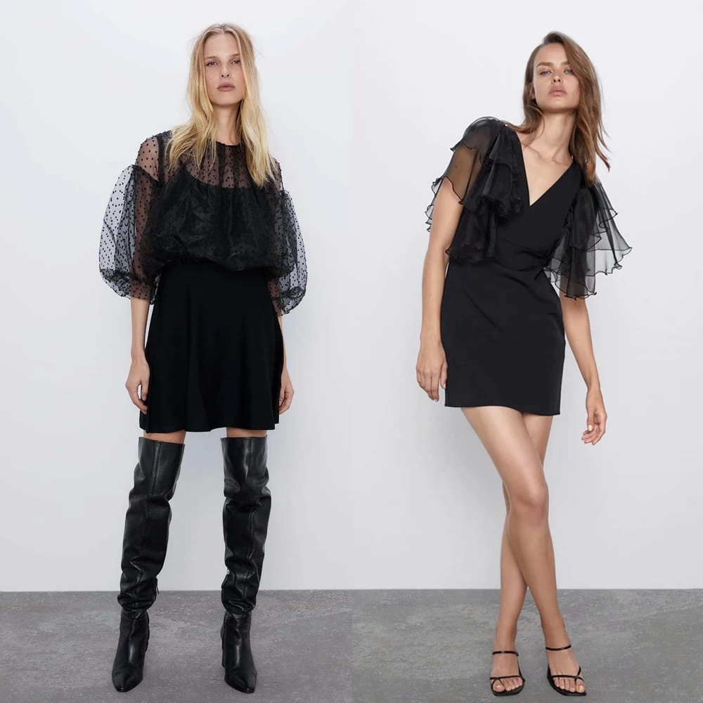 Женское платье с коротким рукавом ZA черное Тюлевое круглым вырезом и пэчворком