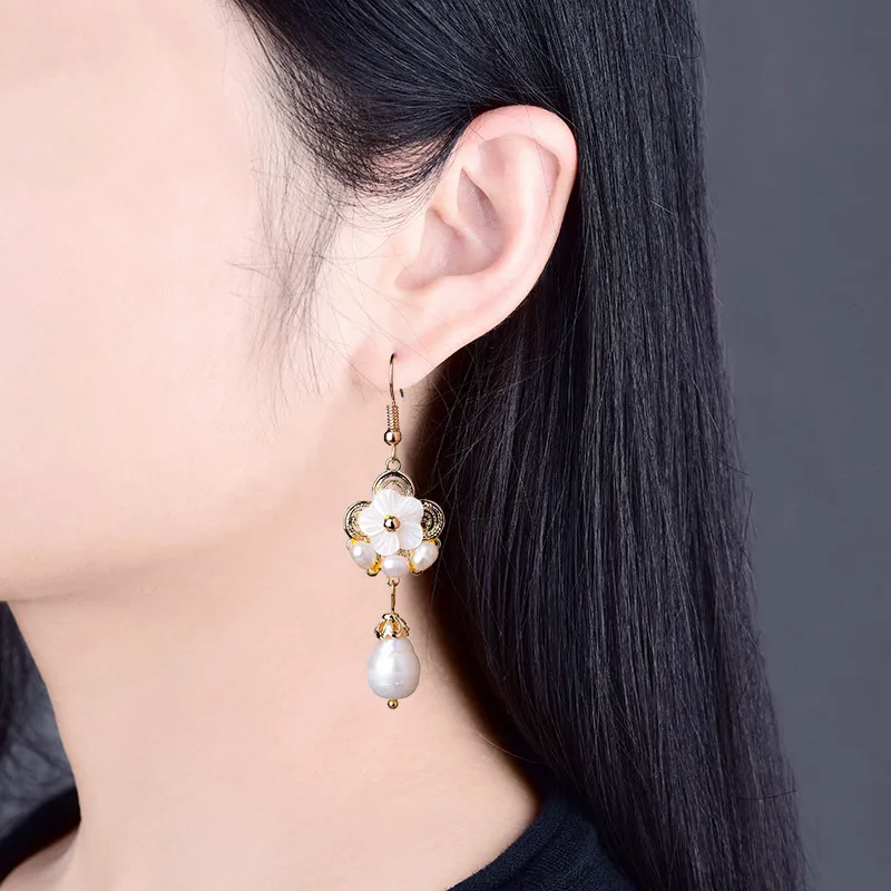 Жемчужные серьги капли с цветами красный амулет модные очаровательные