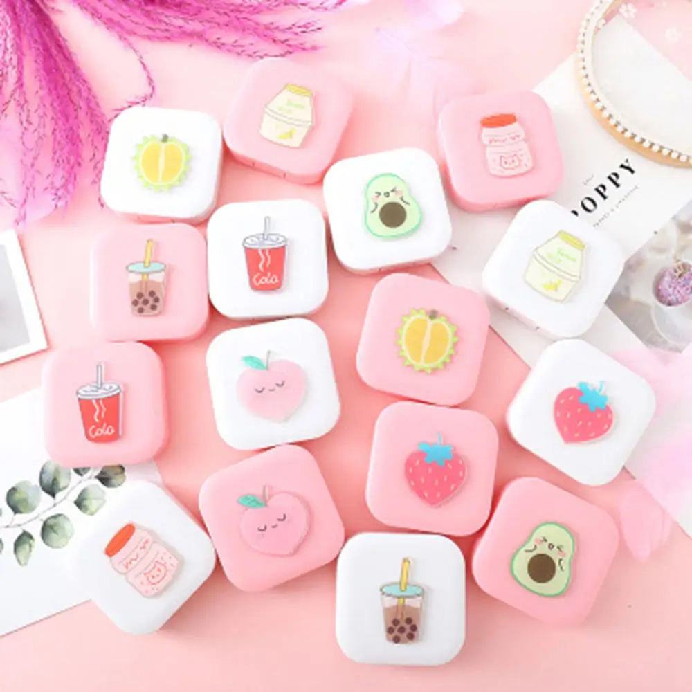 

NEW Square Contact Lens Case with Mirror Women Contact Lenses Box Cute Cartoon Fruit Eyes Lenses Case Container Travel Kit
