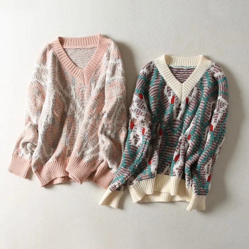 Этнический геометрический жаккардовый v-образный вырез с длинным рукавом