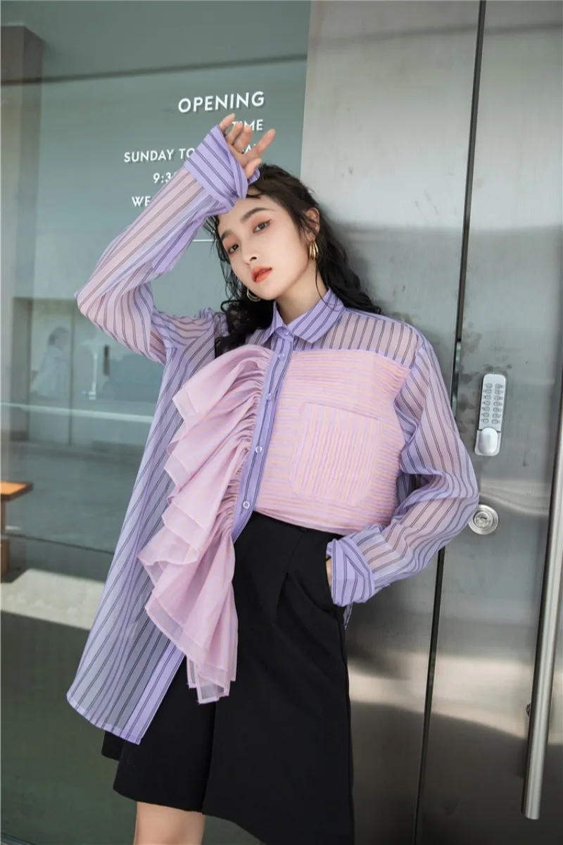 

2021 New Design Autumn Winter Striped Patchwork Full Turn-down Collar Women Shirts