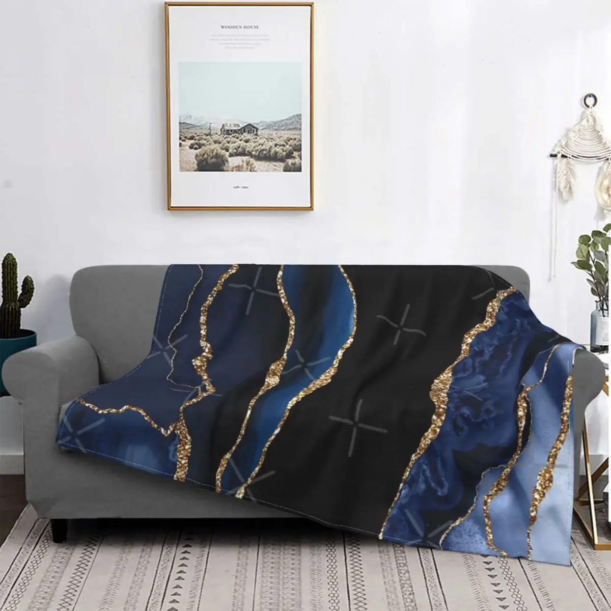 

Manta moderna abstracta azul y dorada, colcha a cuadros para cama, sofá, toalla, manta doble, textil de lujo para el hogar