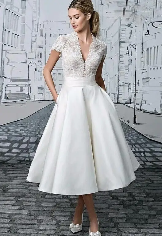 Vestido De Novia, короткое свадебное платье с v-образным вырезом, свадебное платье с аппликацией, кружевное платье длиной до середины икры, иллюзия, свадебное платье, vestidos novia cortos - Цвет: Белый