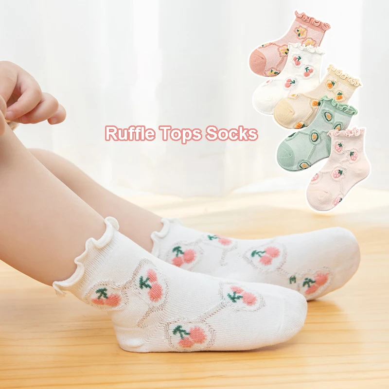 

5Pcs/Lot Spring Summer Baby Girls Socks Cartoon Fruit Ruffle Tops Princess Socks for Newborn Toddler Girls Breathable Soft Sock