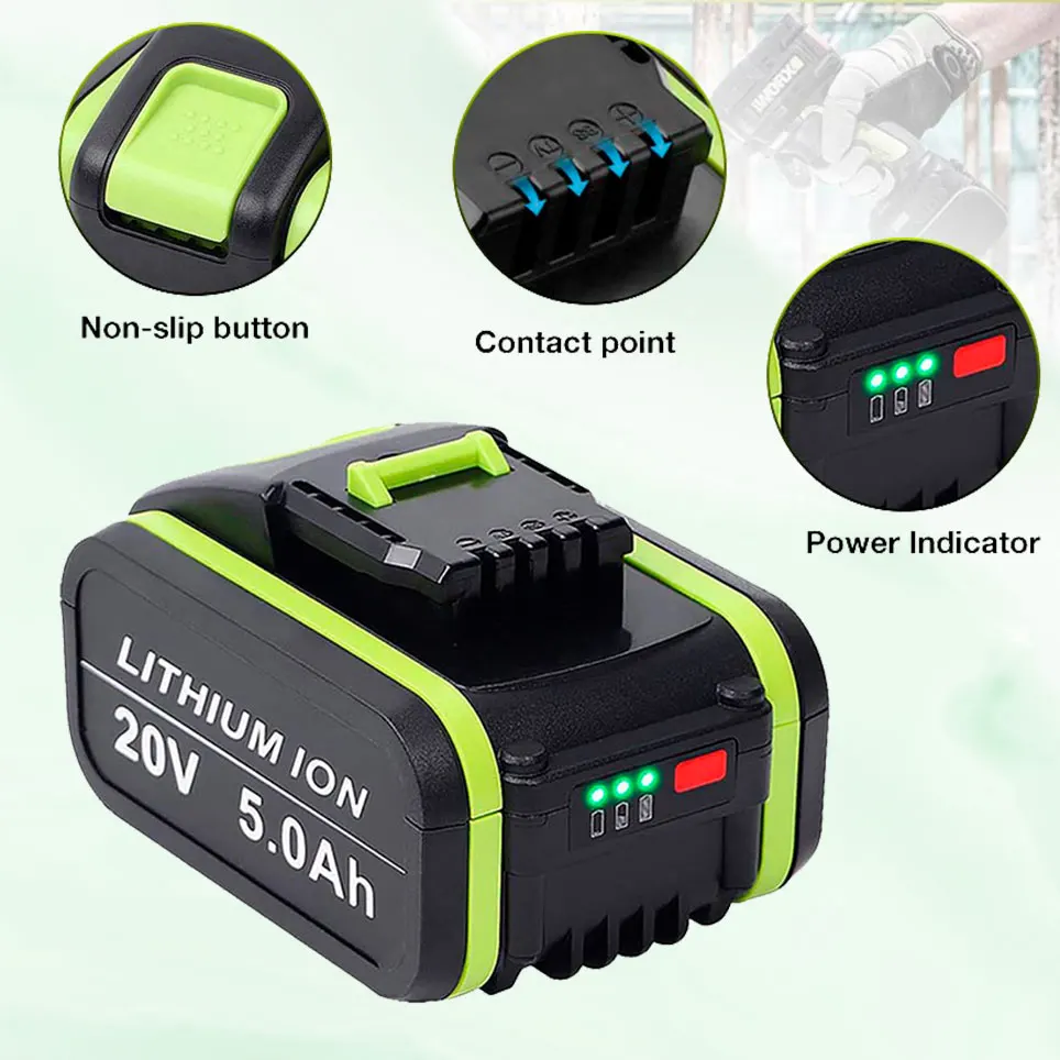 2021 20V 5000mAh Li-ion rechargeable replacement battery suitable for Worx power tools WA3551 WX390 WX176 WX178 WX678 WG894E | Электроника