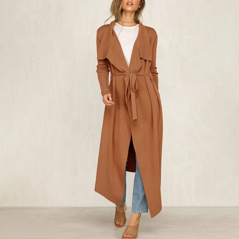 Женское пальто в британском стиле длинное средней длины со шнуровкой и отложным