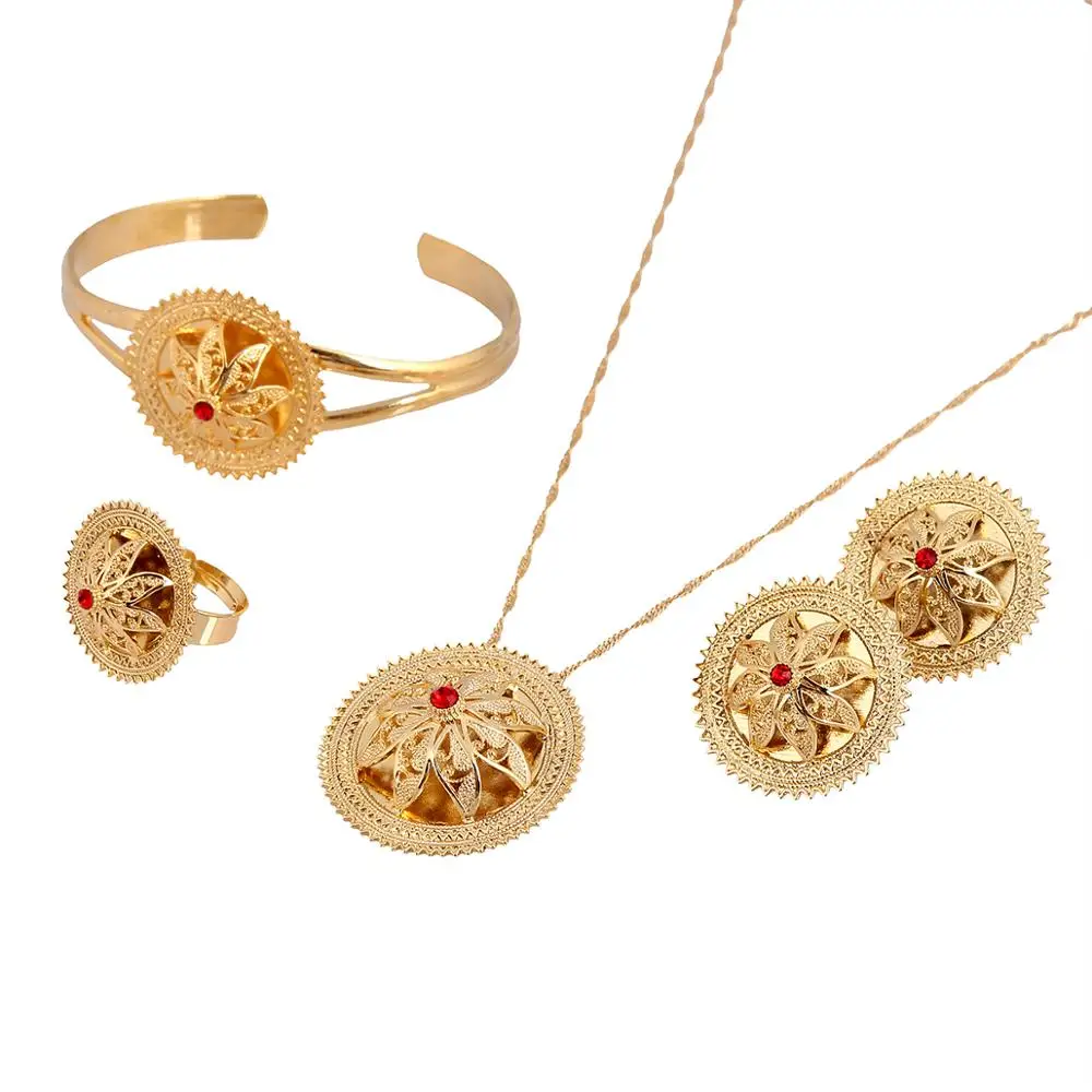 

Ethiopian Flower Jewelry Sets GoldNecklace Pendant Earrings Ring Bangle Habesha Wedding Eritrea Africa Arab Jewelry Gift
