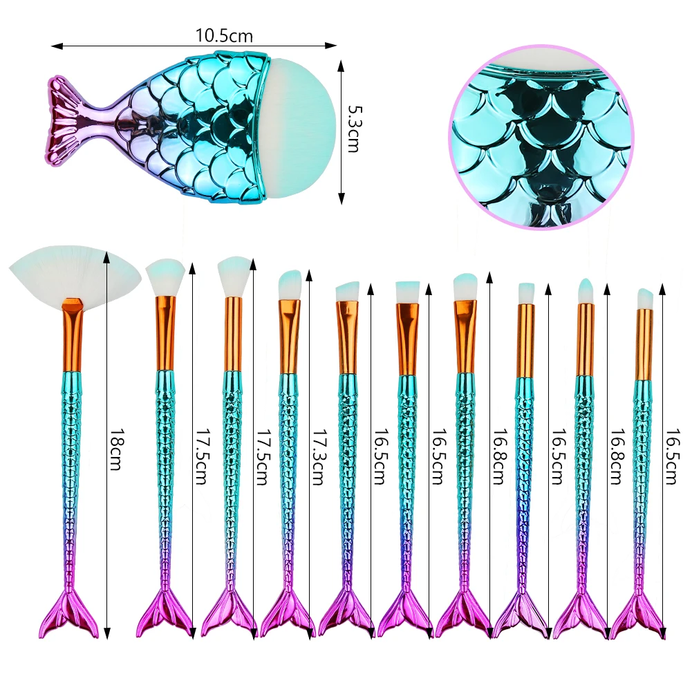 

11pcs Mermaid Makeup Brushes Professional Makeup Brushes Tool Set CosmeticSoft Fishtail Bristles with A Fish Shape Brush