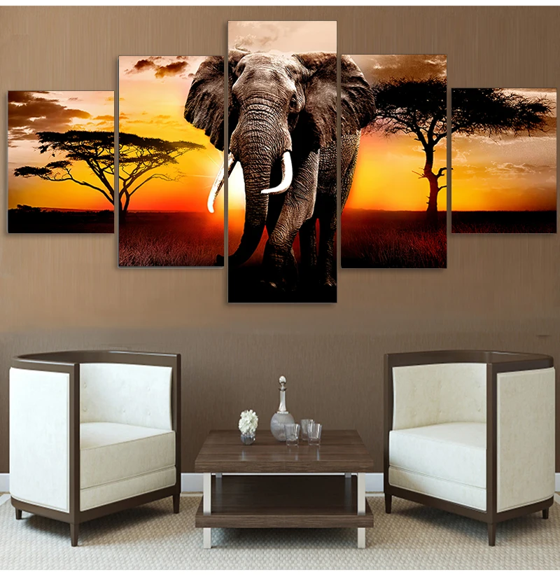 

Canvas Pictures Home Decor 1 Piece Walking Elephant Sunset Africa Grassland Scenery Painting Prints Poster Living Room Wall Art