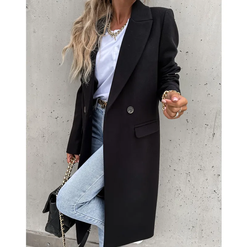 

Office Lady Elegant Turn-Down Collar Woolen Coat Tops 2021 Autumn Winter Fashion Long Overcoat Women Casual Loose Outwears New