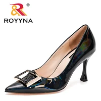 royyna 2021 new designers genuine patent leather solid thin heel ladies shoes business pointed toe pumps women office dress shoe