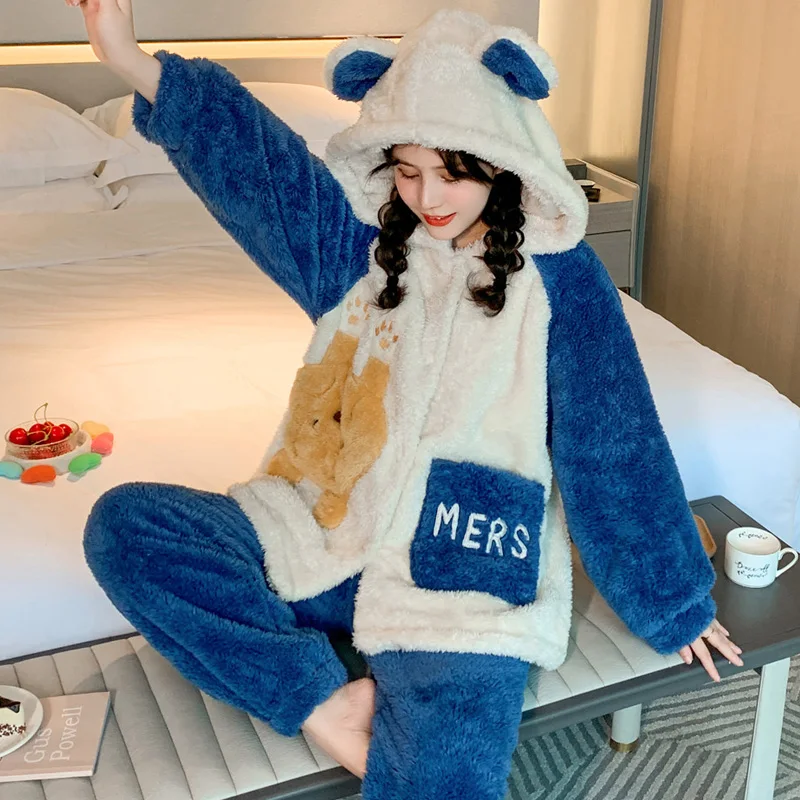 Plush Women Sleepwear Winter Pajamas Hooded Loose Version Pajama Set Inspissate Nightgown High Quality Packed Thicken женский