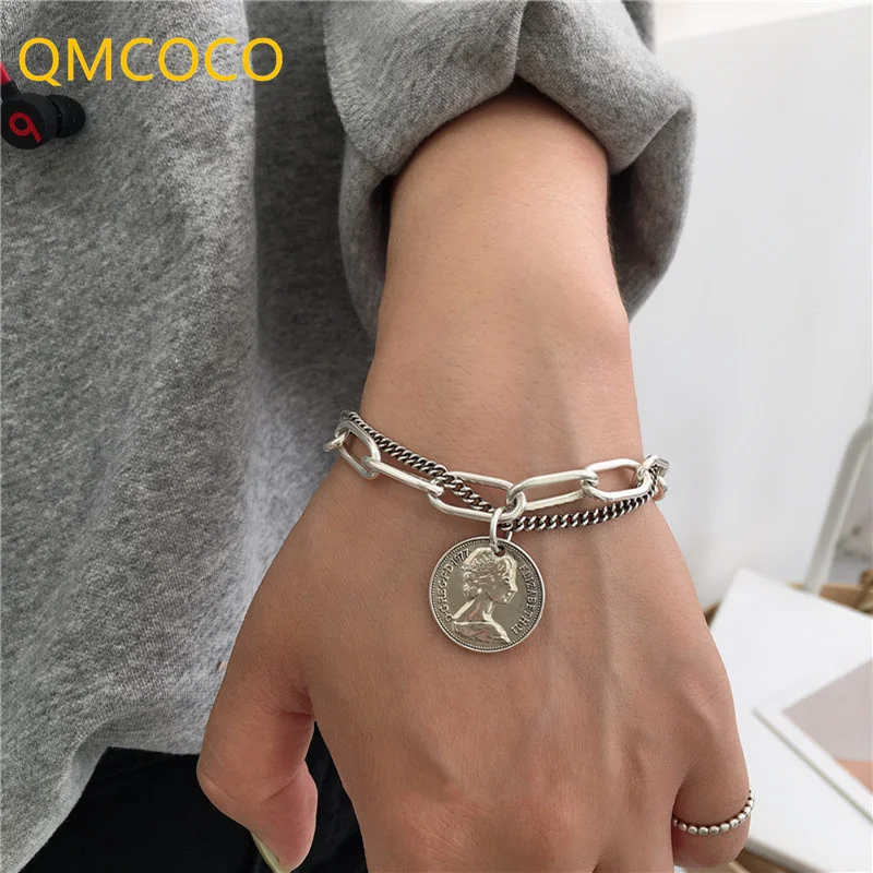 QMCOCO серебряный цвет Instagram панк хип-хоп двойной браслет для мужчин и женщин цепь