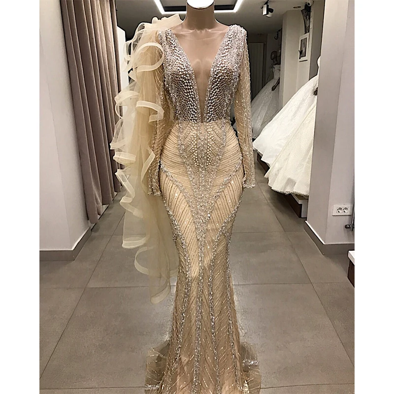 Длинное вечернее платье с глубоким V образным вырезом роскошное Тюлевое длинными