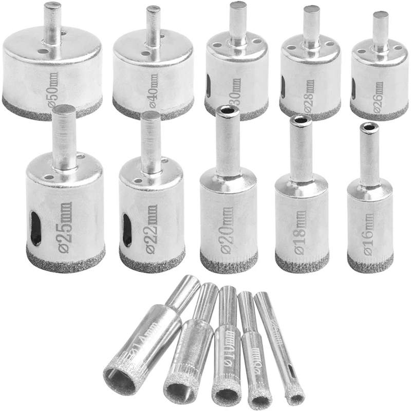 

Diamond Hole Saw Set, 15 PCS Hollow Core Drill Bit Set for Glass, Porcelain, Cermic Tile, Diam Range 6-50mm