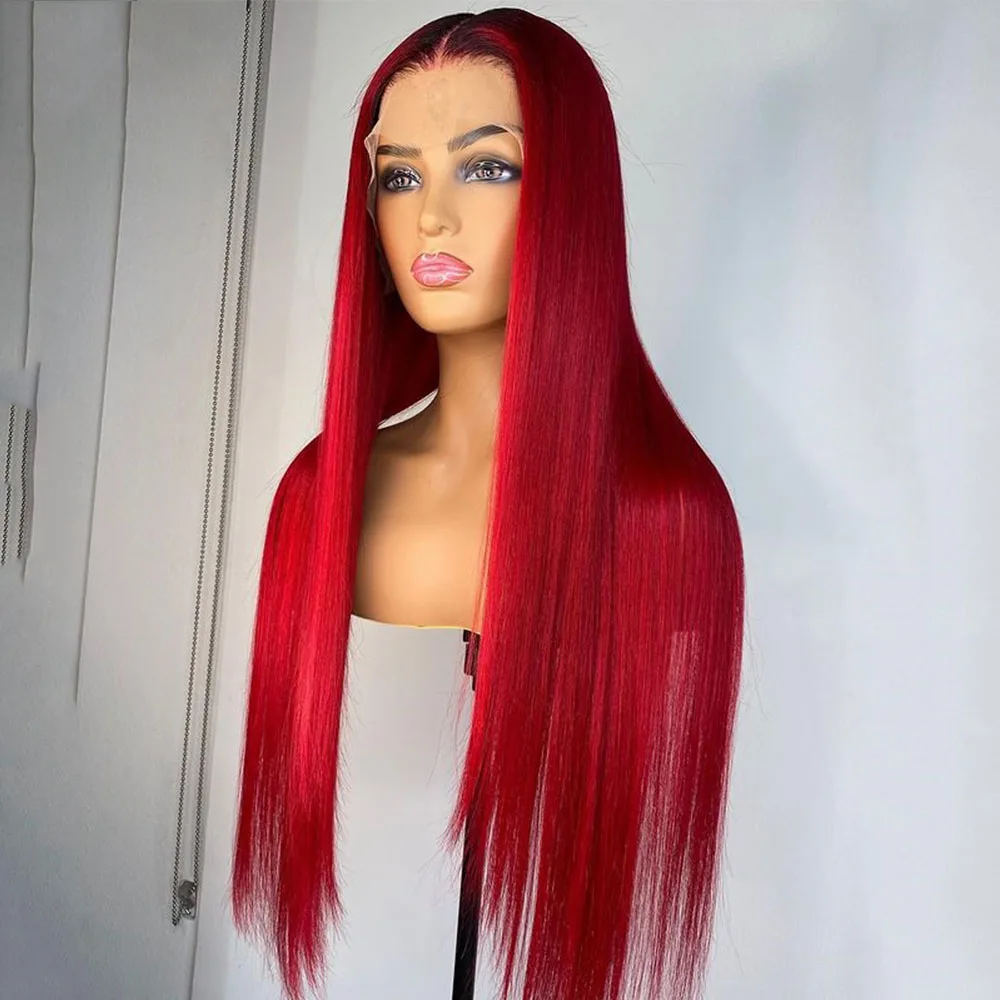 

Red Color Preplucked Straight 26Inch Synthetic Lace Front Wig For Women With Babyhair Daily/Party Cosplay Dray Queen Middle Part