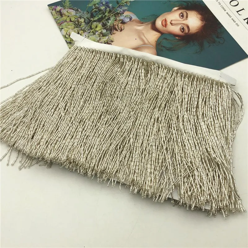 5Meter wholesale 15cm(6inches) heavy Glass Gold color Seed Beaded Fringe Lamp Costume Trim Crafts - Цвет: Silver with ribbon