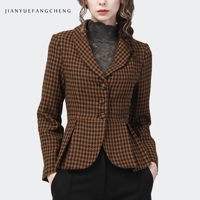 Vintage Brown Plaid Women Woolen Blazer 2021 Autumn Winter New Elegant Suit Collar Slim Short Female Jacket Office Ladies Coat