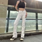 Женские расклешенные брюки, белые брюки с двумя пряжками и карманами, с заниженной талией, в простом стиле