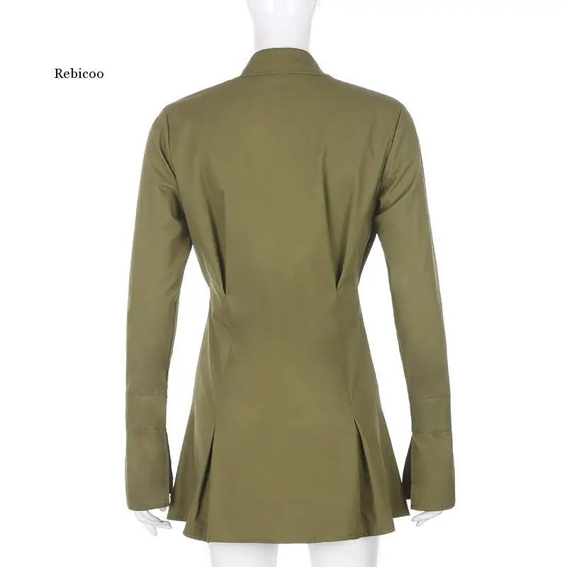 

White Short a Line Shirt Dress Ladies New Office Ladies Dress Solid Color Top Dress Ladies Pocket Cotton Dress Autumn Green