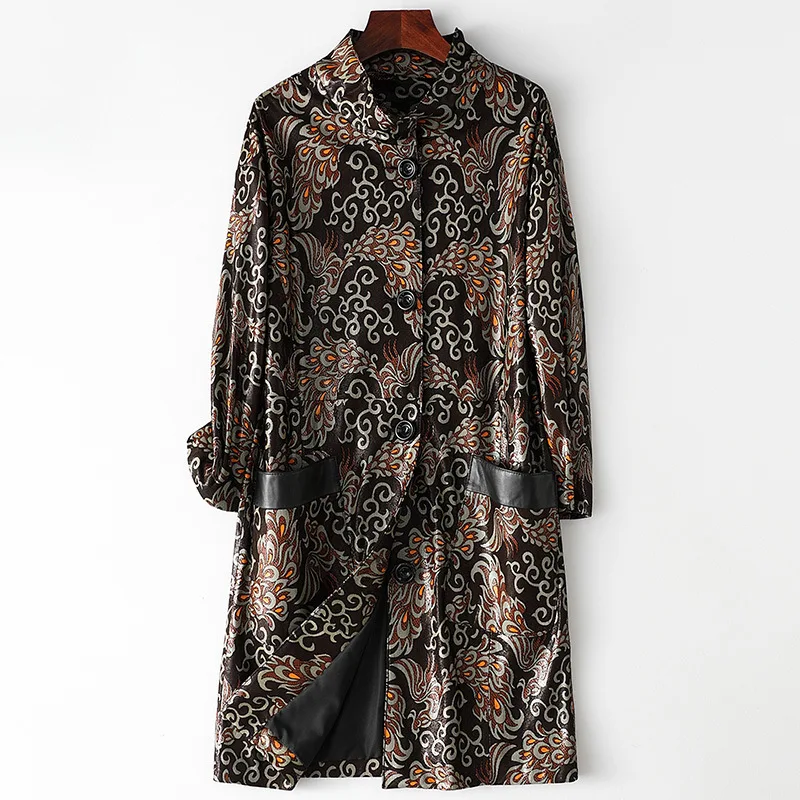 Spring Standing Collar Sheepskin Coat Office Lady Windbreaker Long Loose Large Outwear Casual Printed Single Breasted Jacket