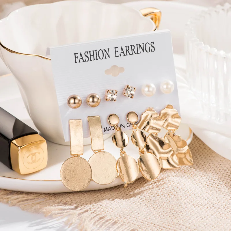

Vintage Big Geometric Earrings Set For Women Statement Gold Long Dangle Drop Earings Wedding Jewelry Female Brincos Bijoux 2019
