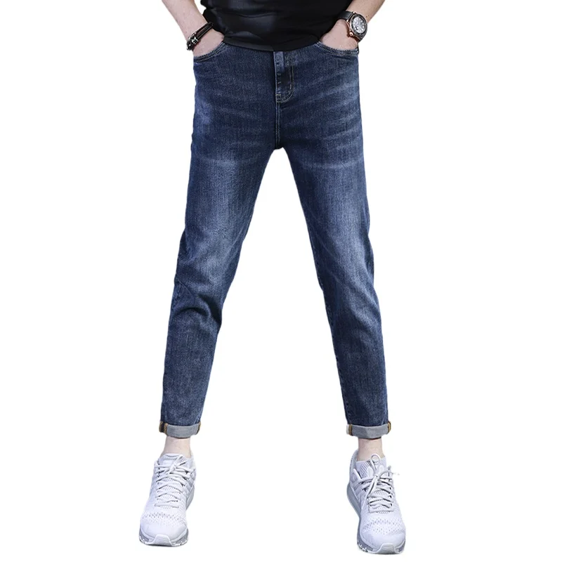 

2021 Summer Blue Jeans Korean Style Casual Men Slim Fit Ankle-Length Pants