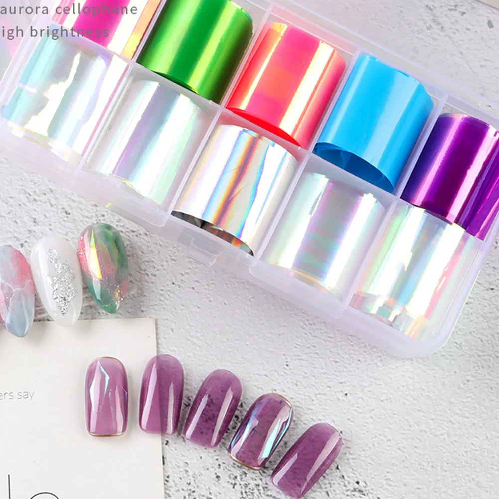 

10Rolls/Set Colorful Nail Foil Stickers Decals Mirror Laser Effect Stickers Nail Art Transfer Foils Manicures Slider Decorations