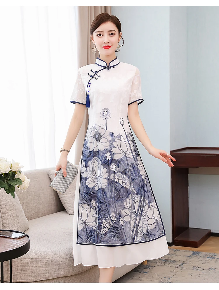 Современное платье qipao с цветочным принтом в вьетнамском стиле длинное Ао Дай |