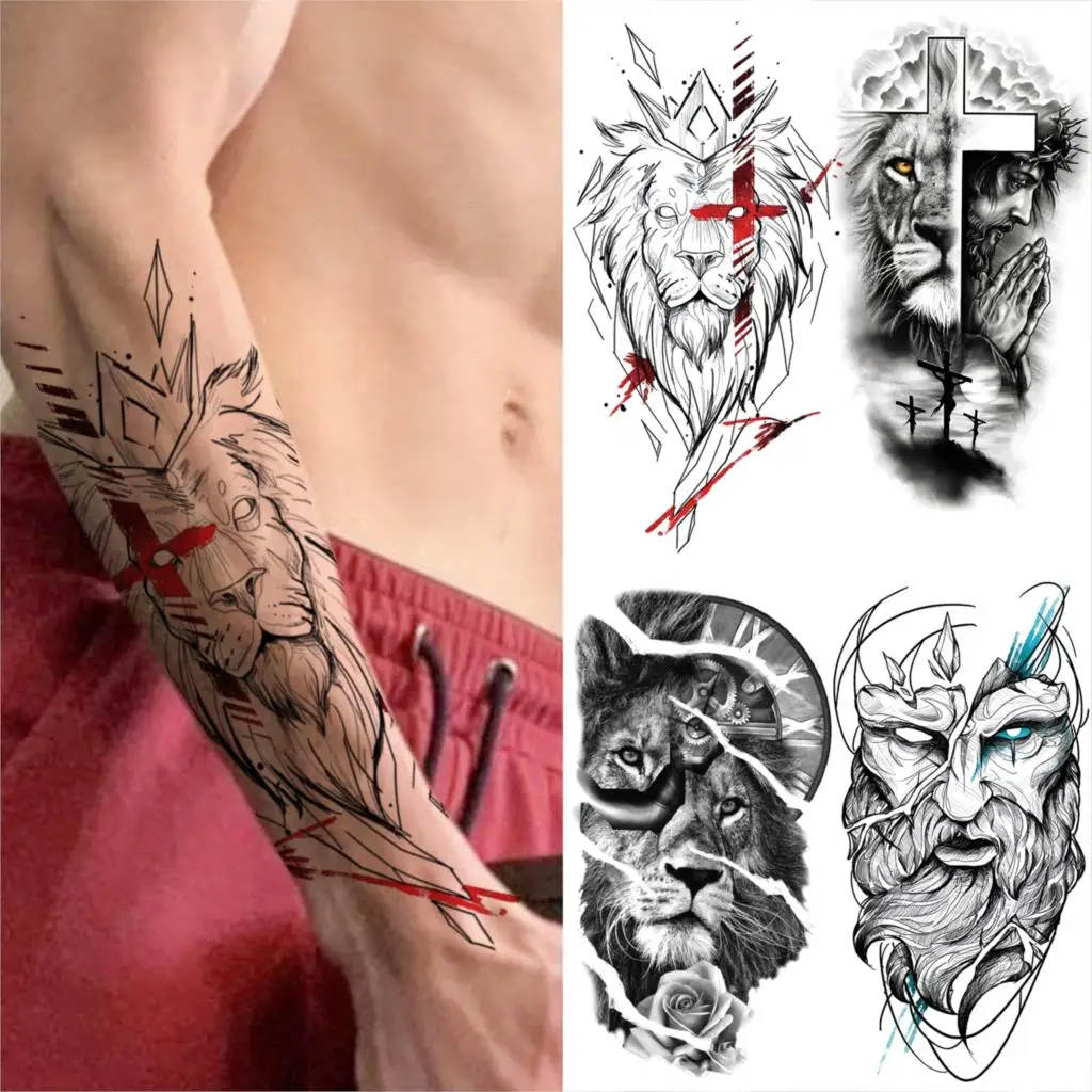 

Forearm Lion Temporary Tattoos For Men Women Adults Cross God Samurai Fake Tattoo Sticker Realistic Half Sleeve Tatoos Washable