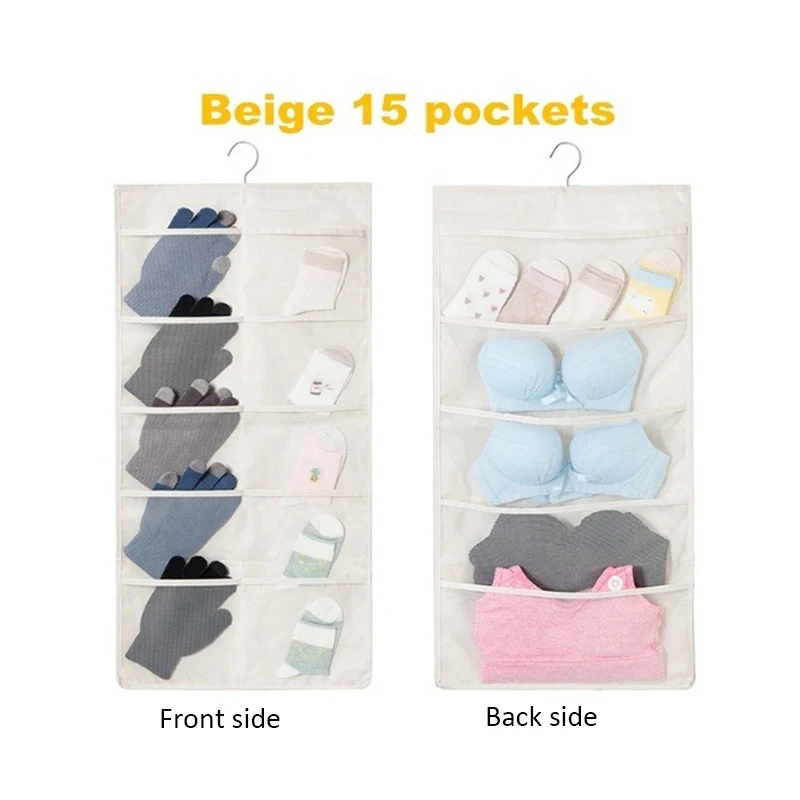 15 pocket Beige Двусторонняя складной ящик для хранения подвесная сумка-Органайзер для шкафа, гардероба Носки Бюстгальтер Нижнее белье вешалка из прозрачного сетчатого материала кошелек хранилище сумка - Цвет: 15 pocket Beige