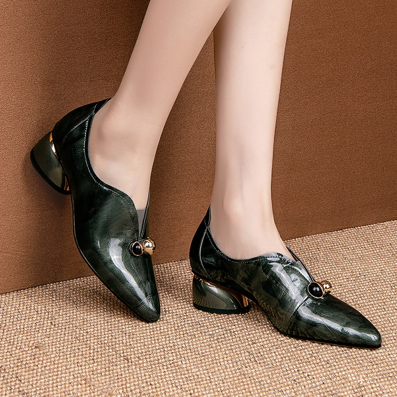 

Туфли-лодочки женские из натуральной кожи, на толстом каблуке