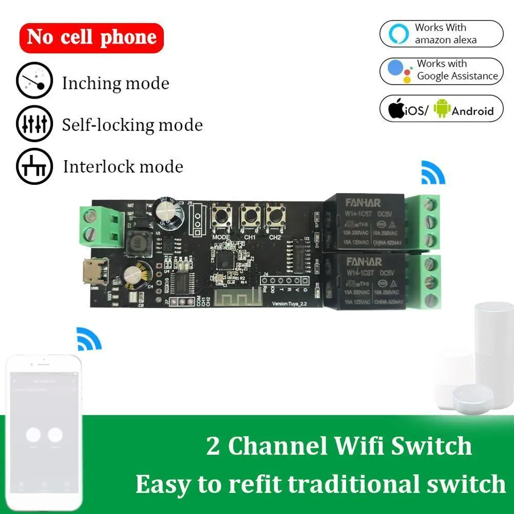 

2-канальный модуль переключения с Wi-Fi, релейный модуль, выключатель с дистанционным управлением для Vioce Alexa Google Home Sonoff/Tuya, умный хаб, мост для ш...