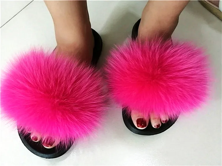 Women Fox Fur Slippers Real Fox Fur Slides Lovely Plush Slippers Woman Summer Home Sandals Women Fur Slides Furry Flip Flops Hot