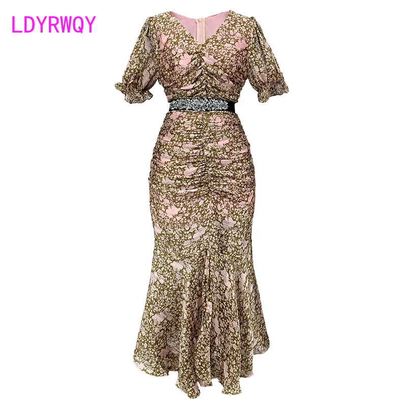 

LDYRWQY 2021 new summer fishtail slim v-neck floral chiffon dress Sheath Zippers Office Lady Knee-Length