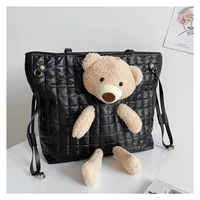 Womens shoulder bag Bear bag New fashion texture versatile large capacity PU belt decorative plaid line handbag