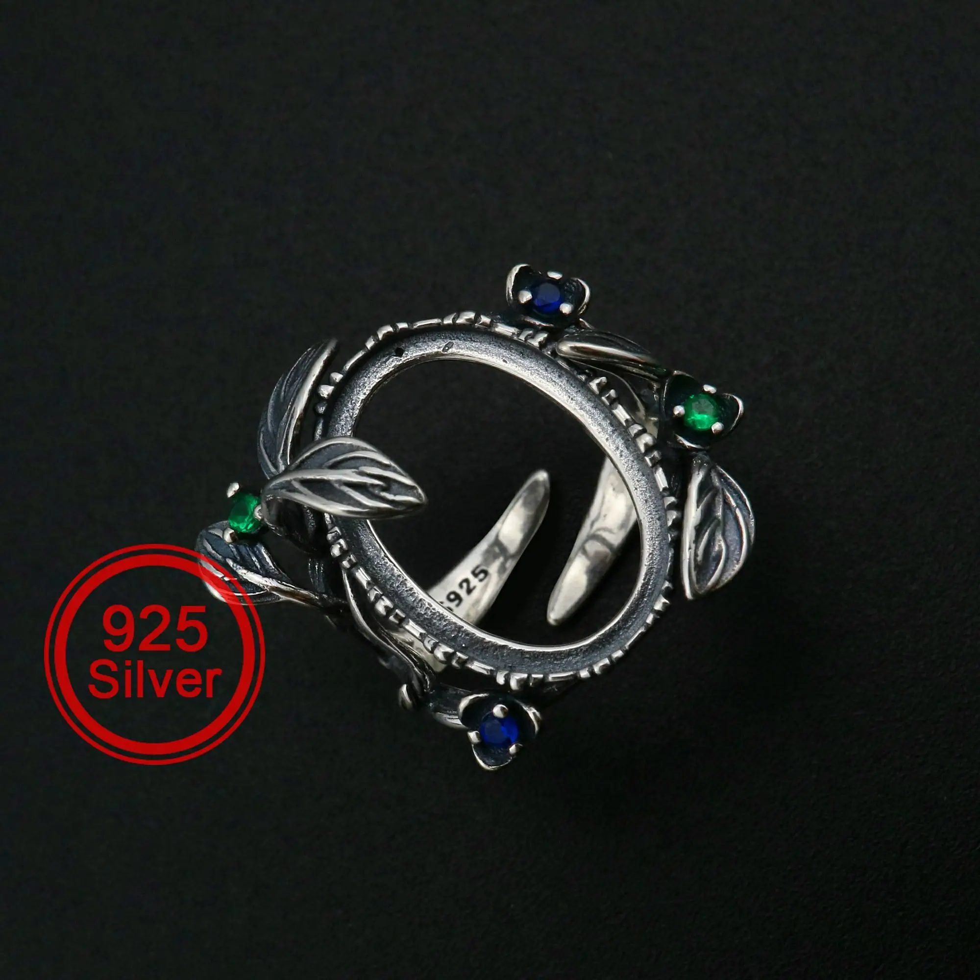 

13x18MM Oval Bezel Ring Settings Antiqued Flower Solid 925 Sterling Silver DIY Adjustable Ring Gemstone Supplies 1223114