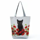 Женская многоразовая сумка с принтом в виде черной кошки, складной пляжный саквояж на плечо большой вместимости с цветочным принтом, подходит под заказ