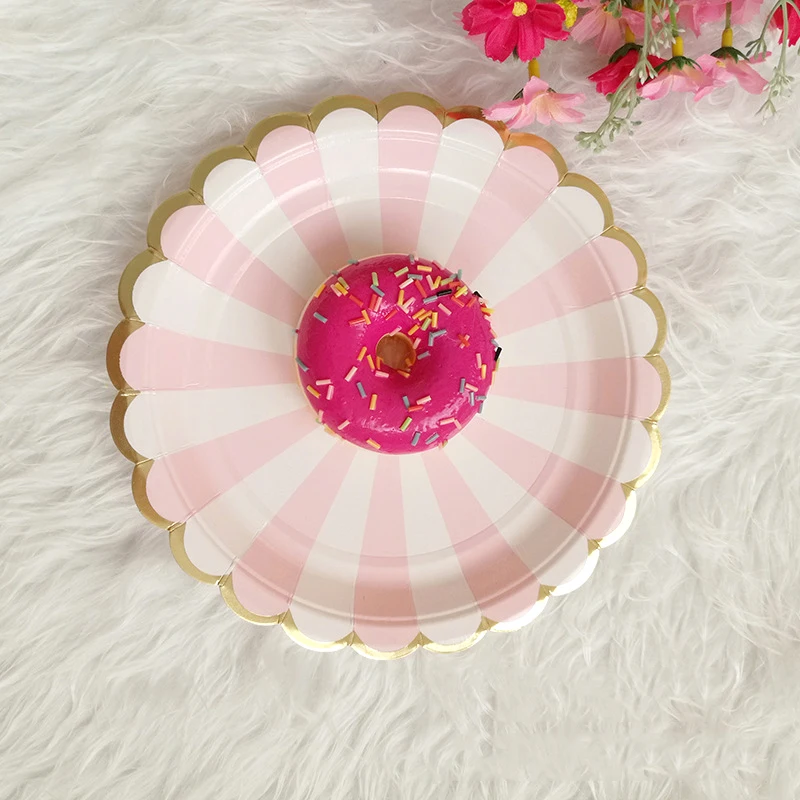 Розовые Искусственные Бумажные Соломенные тарелки для вечеринки дня рождения