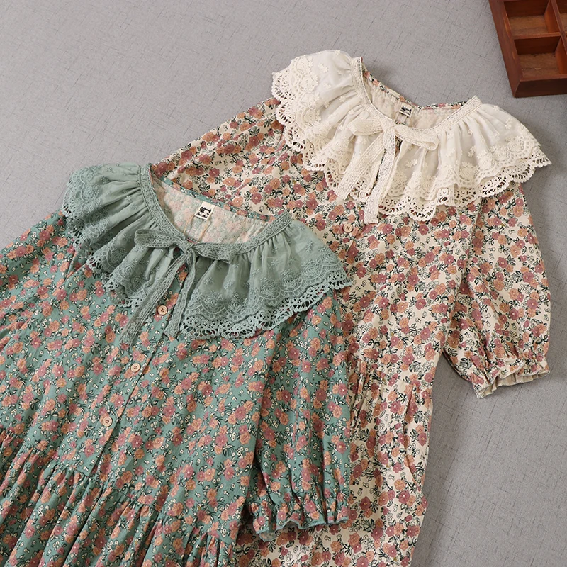 

Japan Style Mori Girl Literary Floral Print Dress Lace Ruffle Collar Short Sleeve Cotton and linen Midi Dress