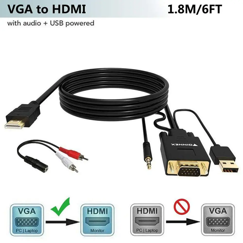 FOINNEX 6 футов, адаптер/кабель преобразователя VGA в HDMI с аудио, 1080P, преобразователь источника VGA (ПК) в HDMI разъем монитора, телевизора. FOINNEX 6 футов, адаптер/кабель преобразователя VGA в HDMI с аудио, 1080P, преобразователь источника VGA (ПК) в HDMI разъем монитора, телевизора.