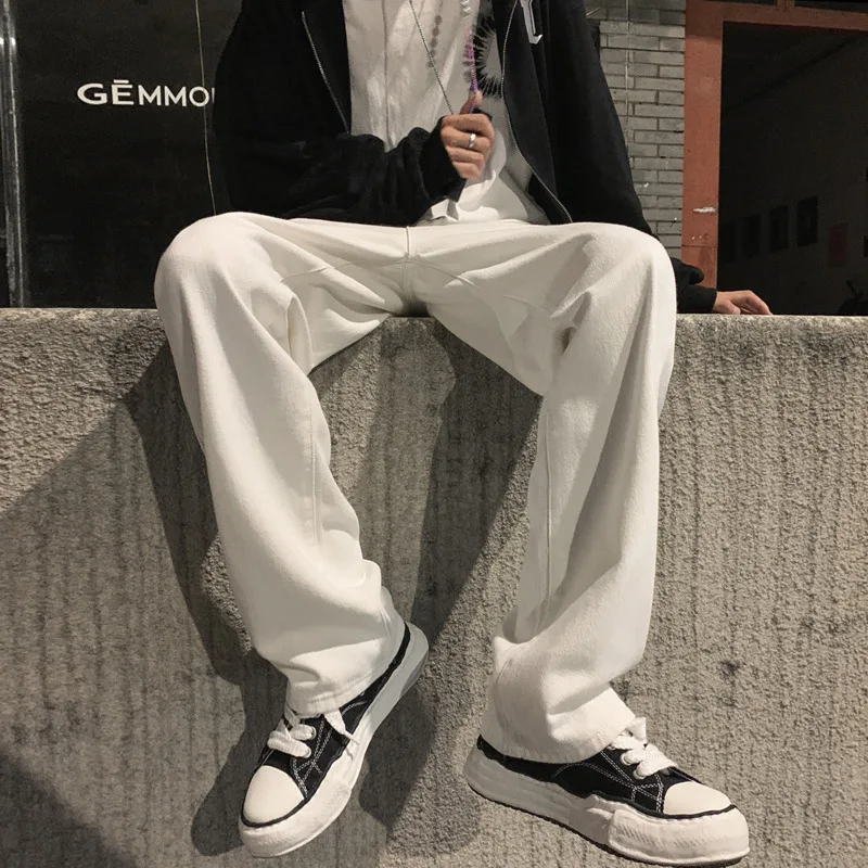 Cotton White Baggy Jeans Men Fashion Casual Wide-leg Jeans Men Streetwear Loose Hip-hop Straight Denim Pants Mens Trousers M-2XL